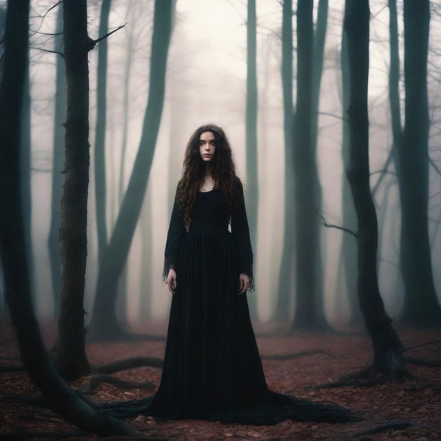 A beautiful 25-year-old Caucasian woman with long, brown, curly hair is dressed like a witch and standing in a creepy forest