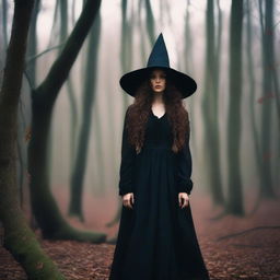 A beautiful 25-year-old Caucasian woman with long, brown, curly hair is dressed like a witch and standing in a creepy forest