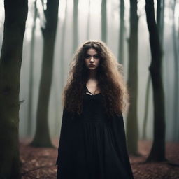 A beautiful 25-year-old Caucasian woman with long, brown, curly hair is dressed like a witch and standing in a creepy forest