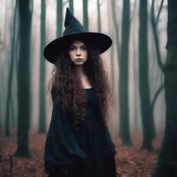 A beautiful 25-year-old Caucasian woman with long, brown, curly hair is dressed like a witch and standing in a creepy forest