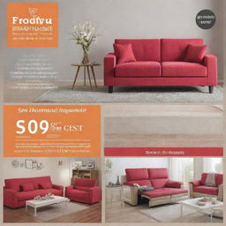 A vibrant furniture shop advertisement template featuring a special marriage package starting from INR 84999. The package includes a stylish sofa, bed, fridge, washing machine and a comfortable mattress.
