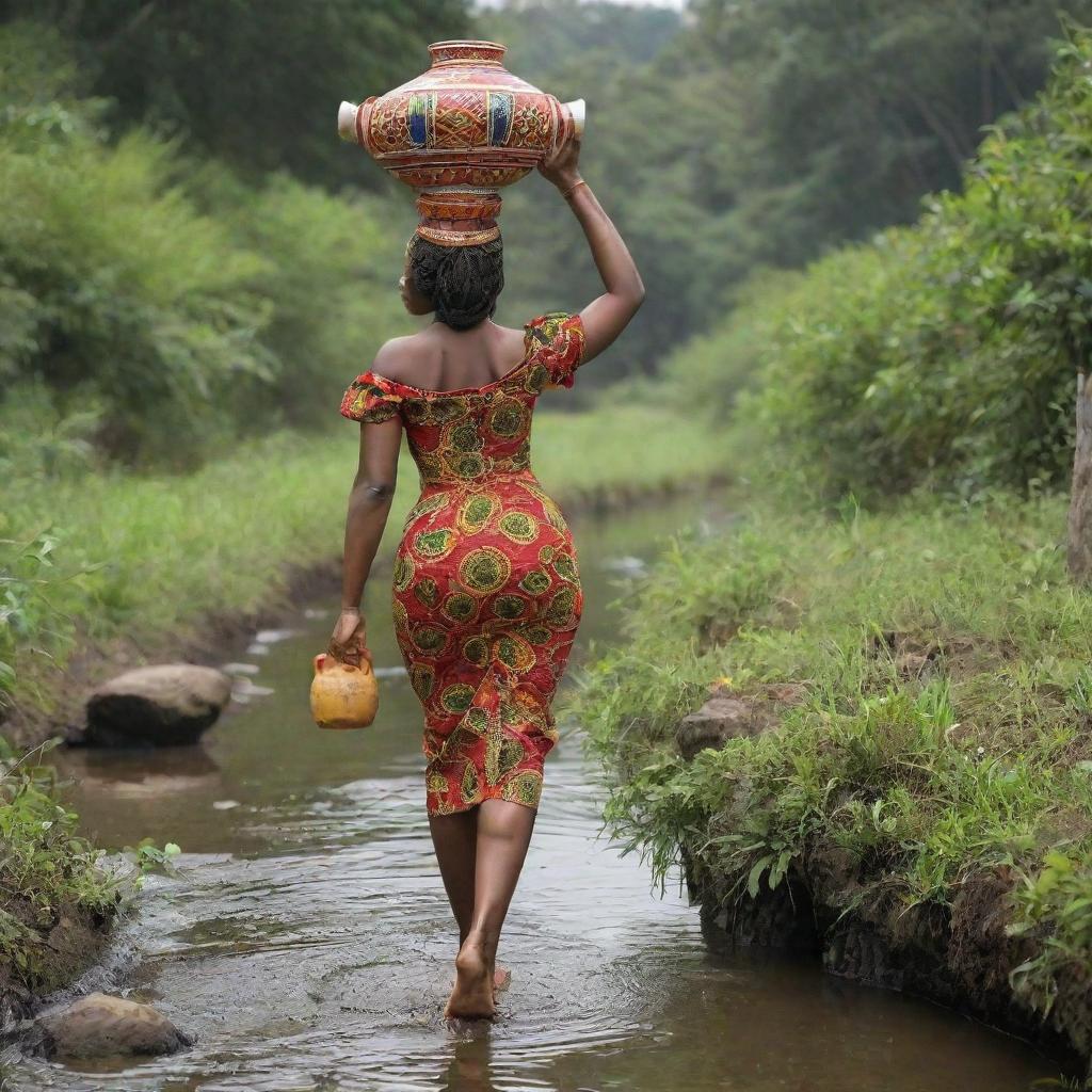 A graceful African lady, adorned in vibrant Igbo attire, making her way to a serene stream carrying a traditional water jug poised elegantly on her head.