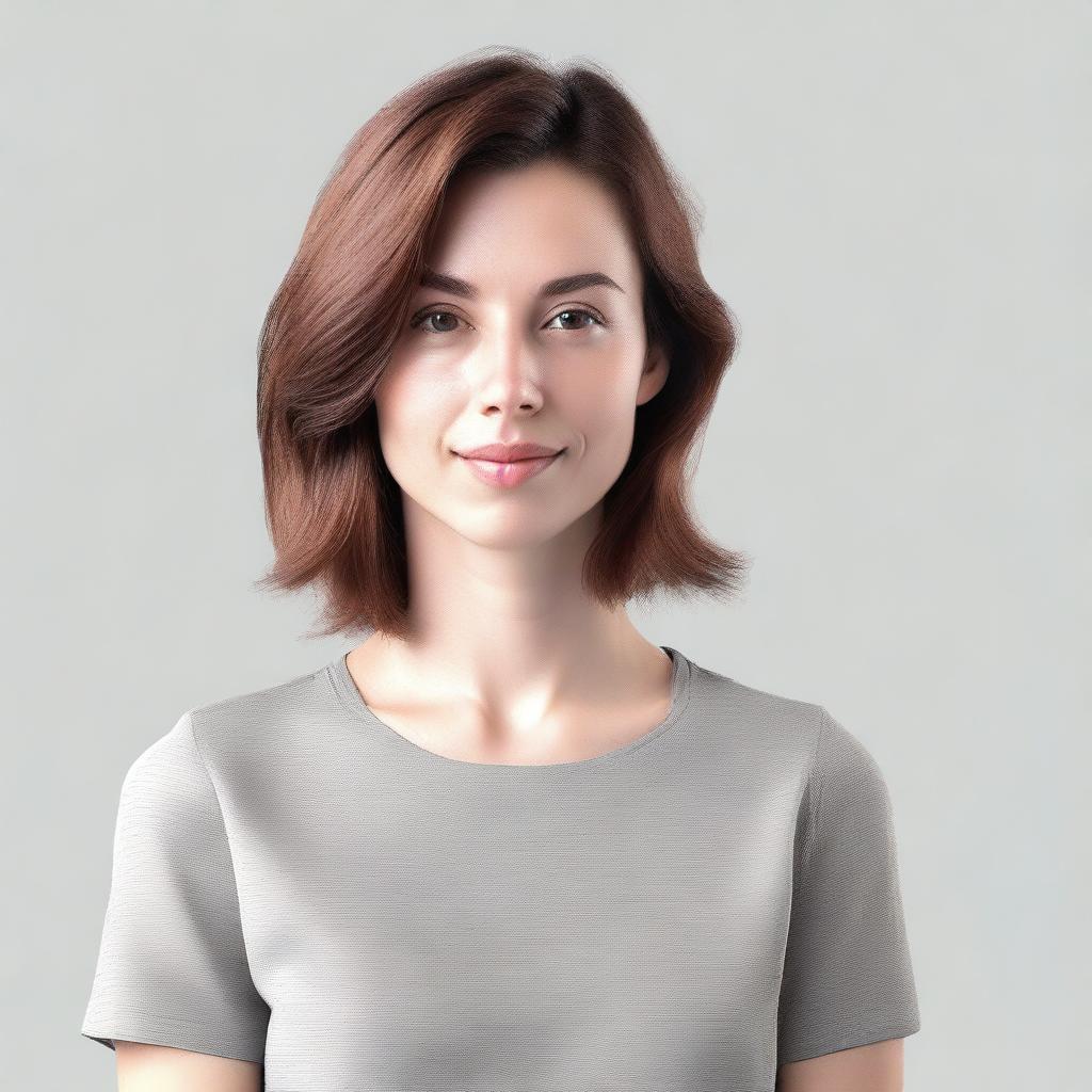 Generate an image of a woman with brown hair wearing a grey shirt. The perspective should be from her right side.