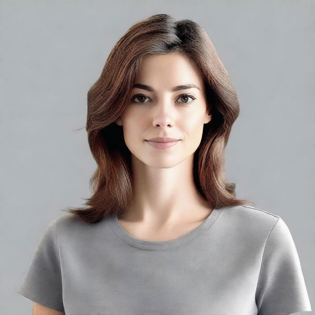 Generate an image of a woman with brown hair wearing a grey shirt. The perspective should be from her right side.