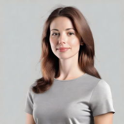 Generate an image of a woman with brown hair wearing a grey shirt. The perspective should be from her right side.