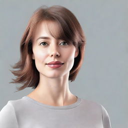 Generate an image of a woman with brown hair wearing a grey shirt. The perspective should be from her right side.