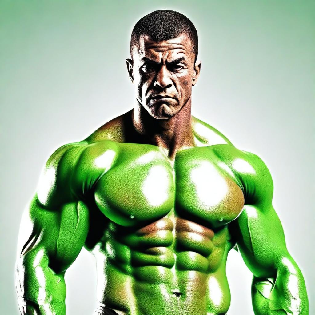 Generate an image of a muscular, green-bodied man.