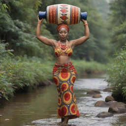 A graceful African lady, adorned in vibrant Igbo attire, making her way to a serene stream carrying a traditional water jug poised elegantly on her head.