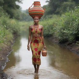 A graceful African lady, adorned in vibrant Igbo attire, making her way to a serene stream carrying a traditional water jug poised elegantly on her head.