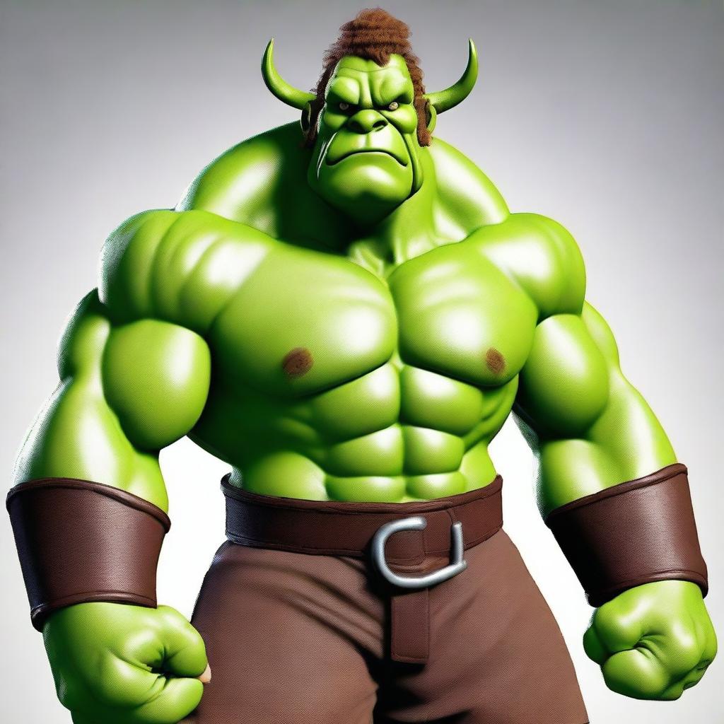 Create an image of a muscular, green-bodied ogre with attractive features and brown hair.