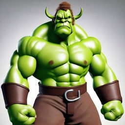 Create an image of a muscular, green-bodied ogre with attractive features and brown hair.