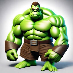 Create an image of a muscular, green-bodied ogre with attractive features and brown hair.