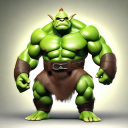 Create an image of a muscular, green-bodied ogre with attractive features and brown hair.