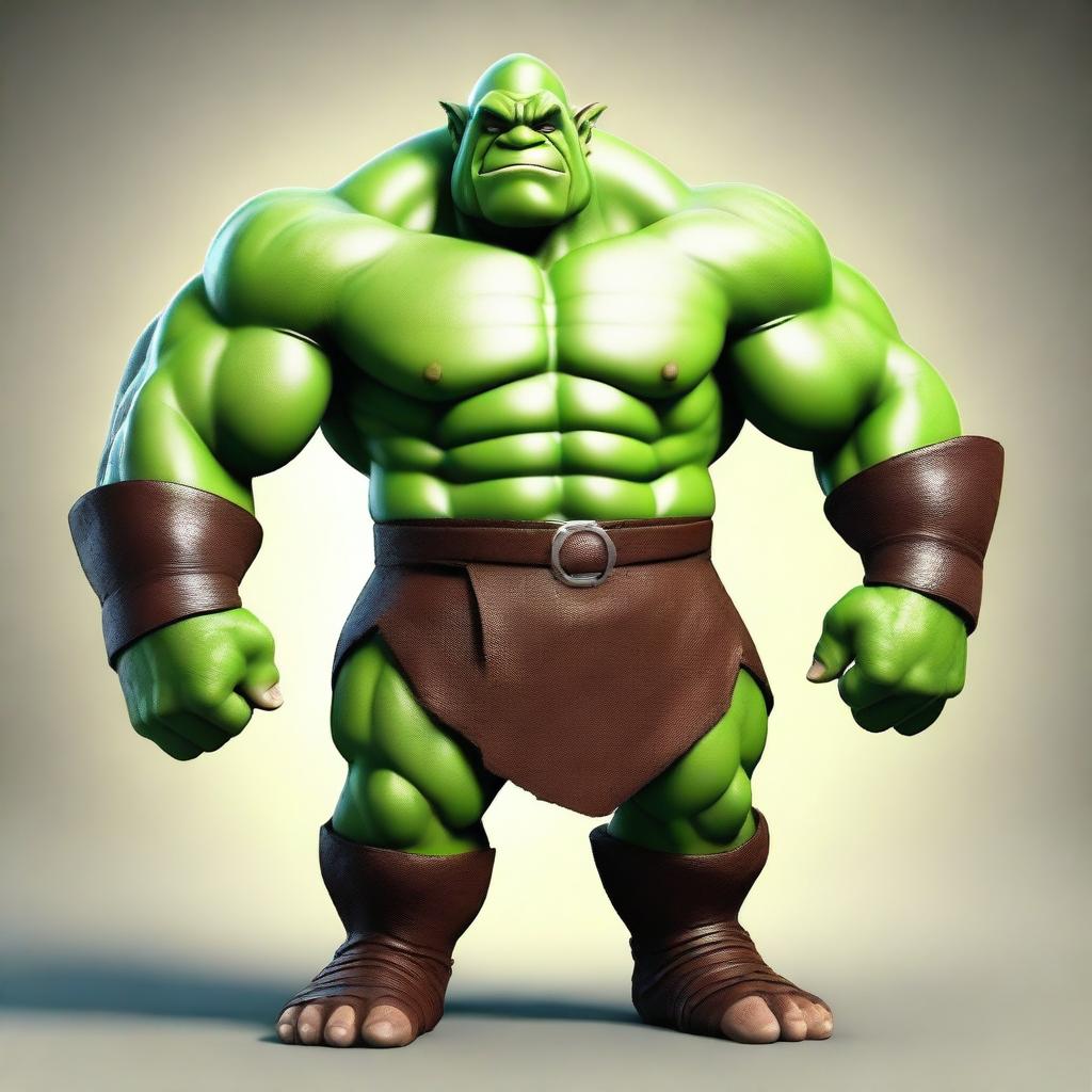 Create an image of a muscular, green-bodied ogre with attractive features and brown hair.