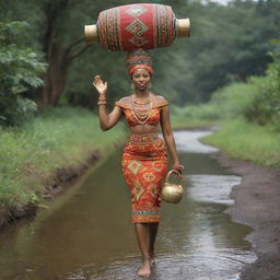 A graceful African lady, adorned in vibrant Igbo attire, making her way to a serene stream carrying a traditional water jug poised elegantly on her head.