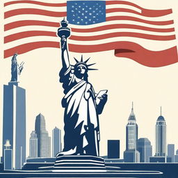 Generate an image that represents American culture, featuring iconic symbols such as the American flag, bald eagle, and Statue of Liberty