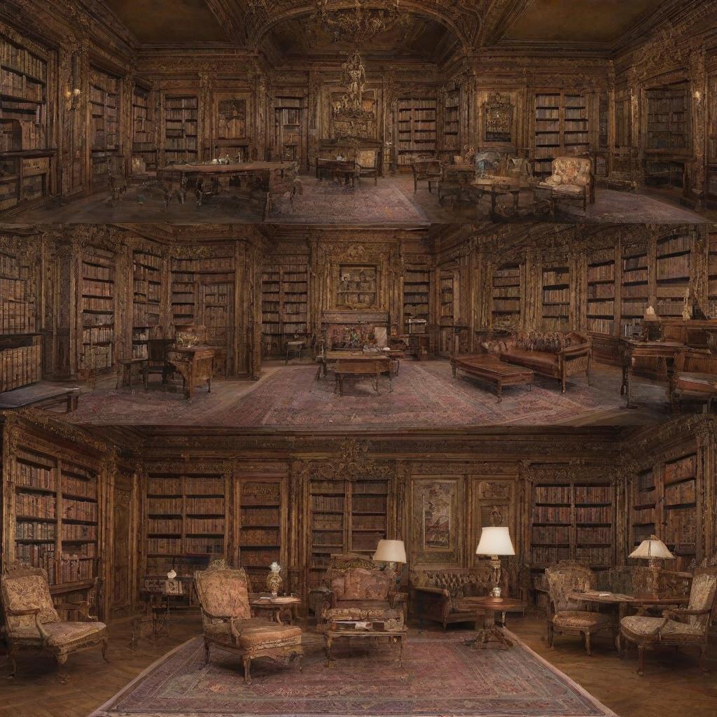 Collage of vintage reading rooms, antique libraries with old-world charm, and a collection of rare, illustrious books with gilded edges and intricate bindings.