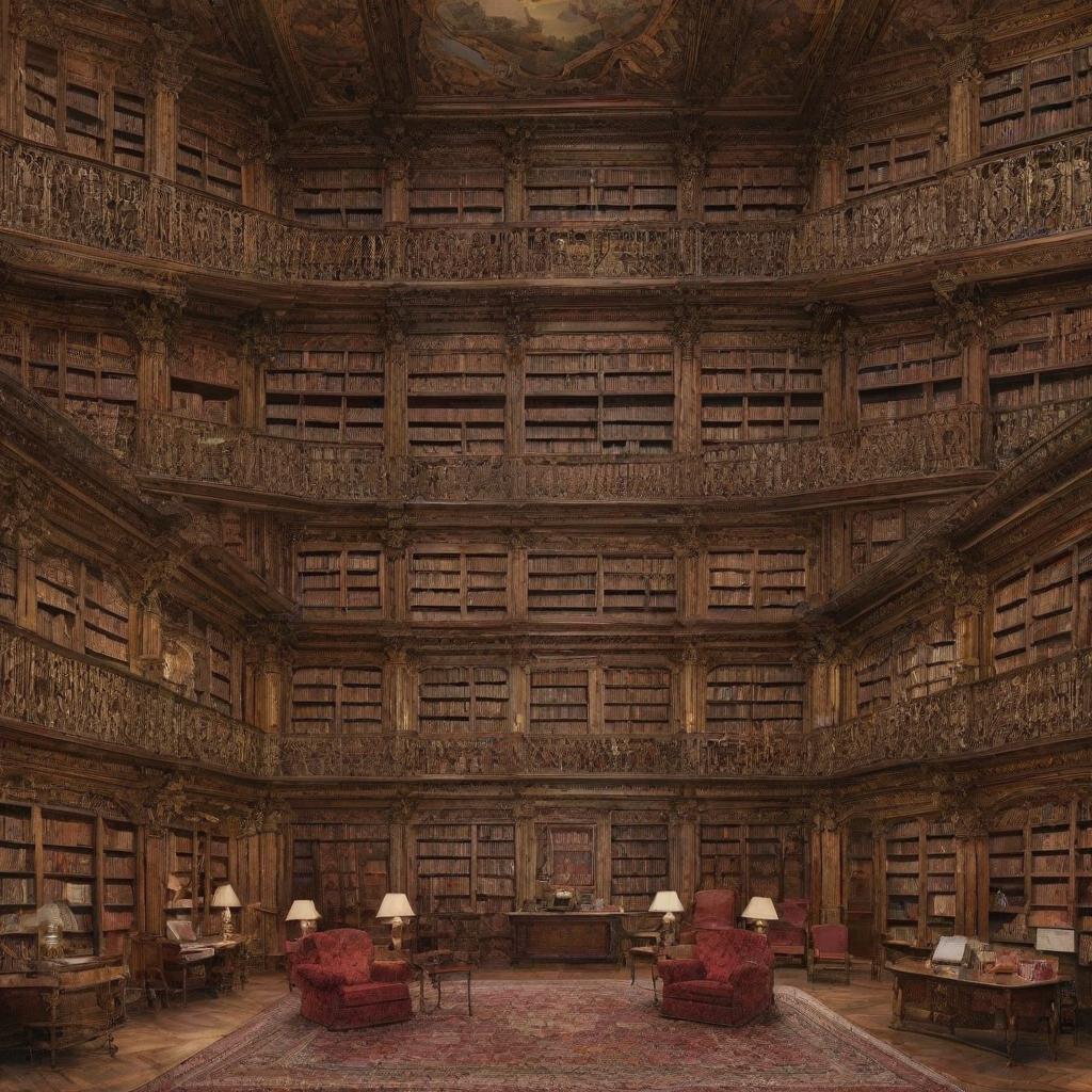 Collage of vintage reading rooms, antique libraries with old-world charm, and a collection of rare, illustrious books with gilded edges and intricate bindings.