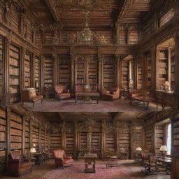 Collage of vintage reading rooms, antique libraries with old-world charm, and a collection of rare, illustrious books with gilded edges and intricate bindings.