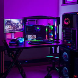 A budget-friendly gamer's room, featuring a sturdy study table, various gaming accessories, and vibrant RGB lighting.