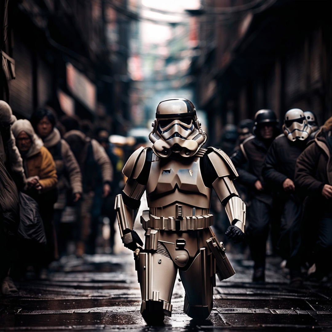 An image in Katsuhiro Otomo's 1980s animation style, featuring a black variant stormtrooper from Star Wars marching through an alleyway, causing people to run away in fear