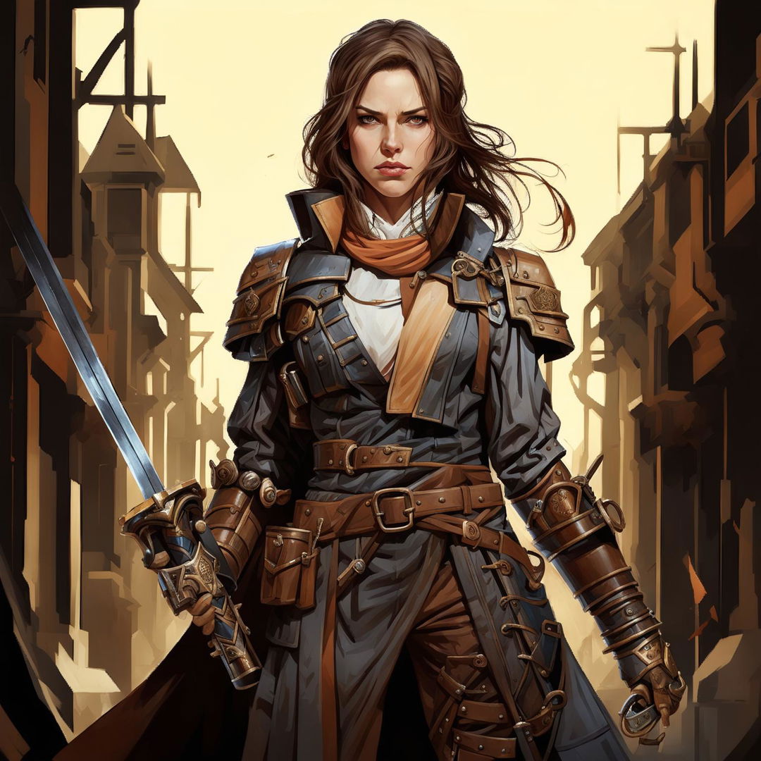 A concept art of a female Inquisitor in a fantasy setting with a long ponytail, wielding a sword and a flintlock pistol, and wearing heavy armor