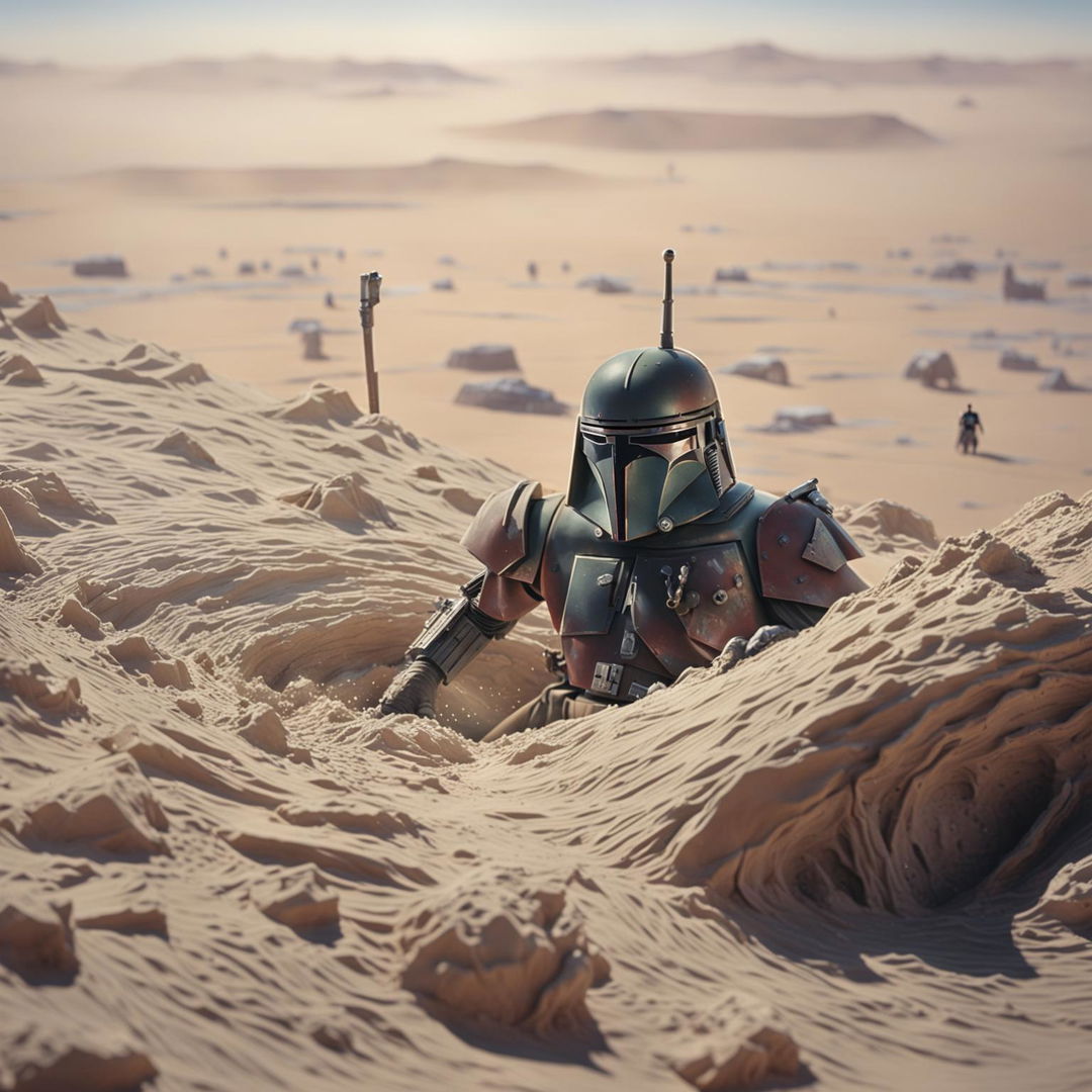 An image featuring Boba Fett from Star Wars, crawling out of the Sarlacc pit in a desert, in the style of Katsuhiro Otomo's 1980s animation