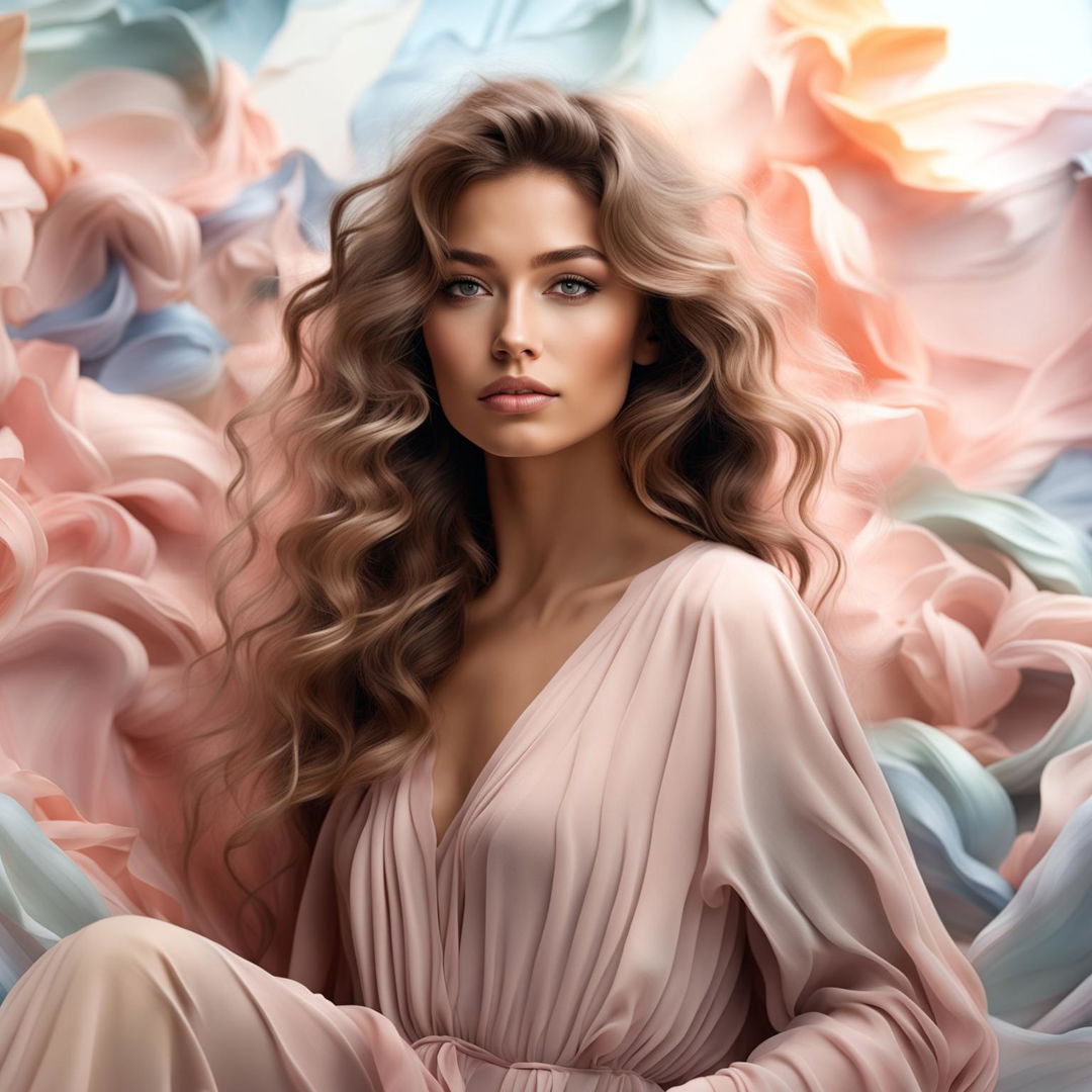 An image of a beautiful woman as the central focus, surrounded by a serene atmosphere created by soft pastel colors.