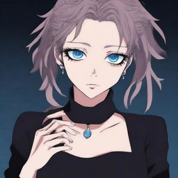 Generate an image in a dark anime gothic style of a beautiful Caucasian woman who is 25 years old