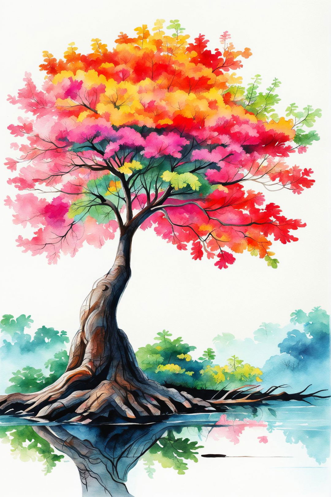 This is a request for another unique water colour painting of a different tree, this time situated beside a serene lake, showing the tree in the midst of autumn