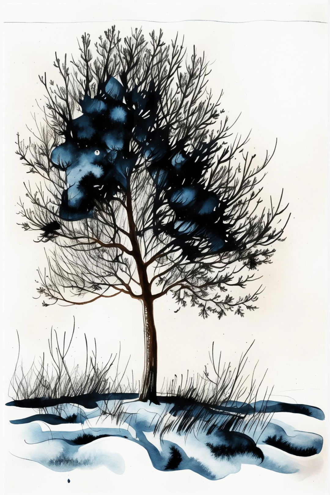 This is a request for a unique water colour painting of an evergreen tree in a winter landscape, different from the previous ones