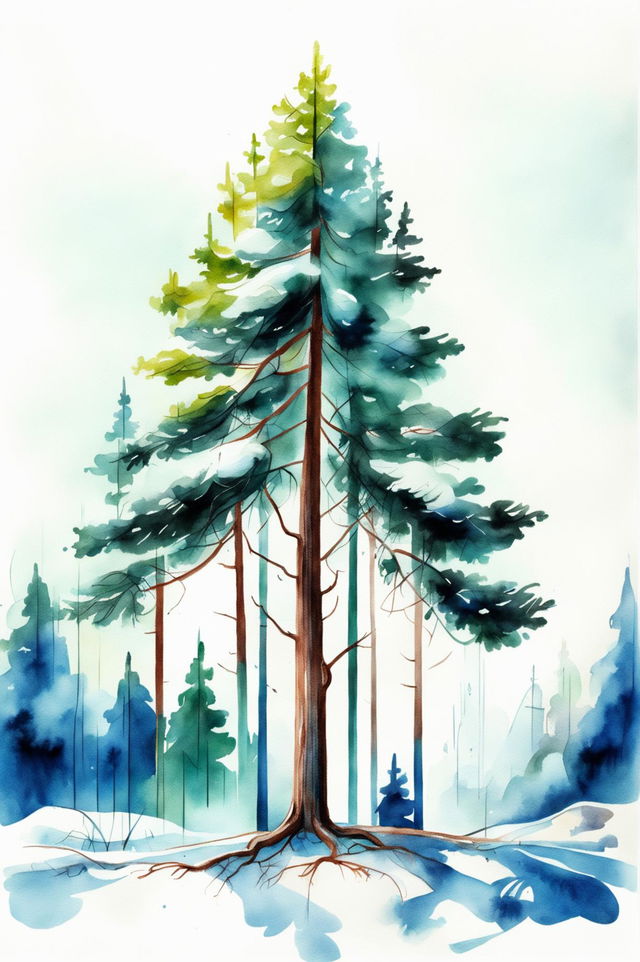 This is a request for a unique watercolour painting of a different tree, specifically a pine tree in a snowy landscape.