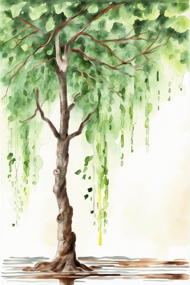 This is a request for a unique watercolour painting of a different tree, specifically a weeping willow by a river.