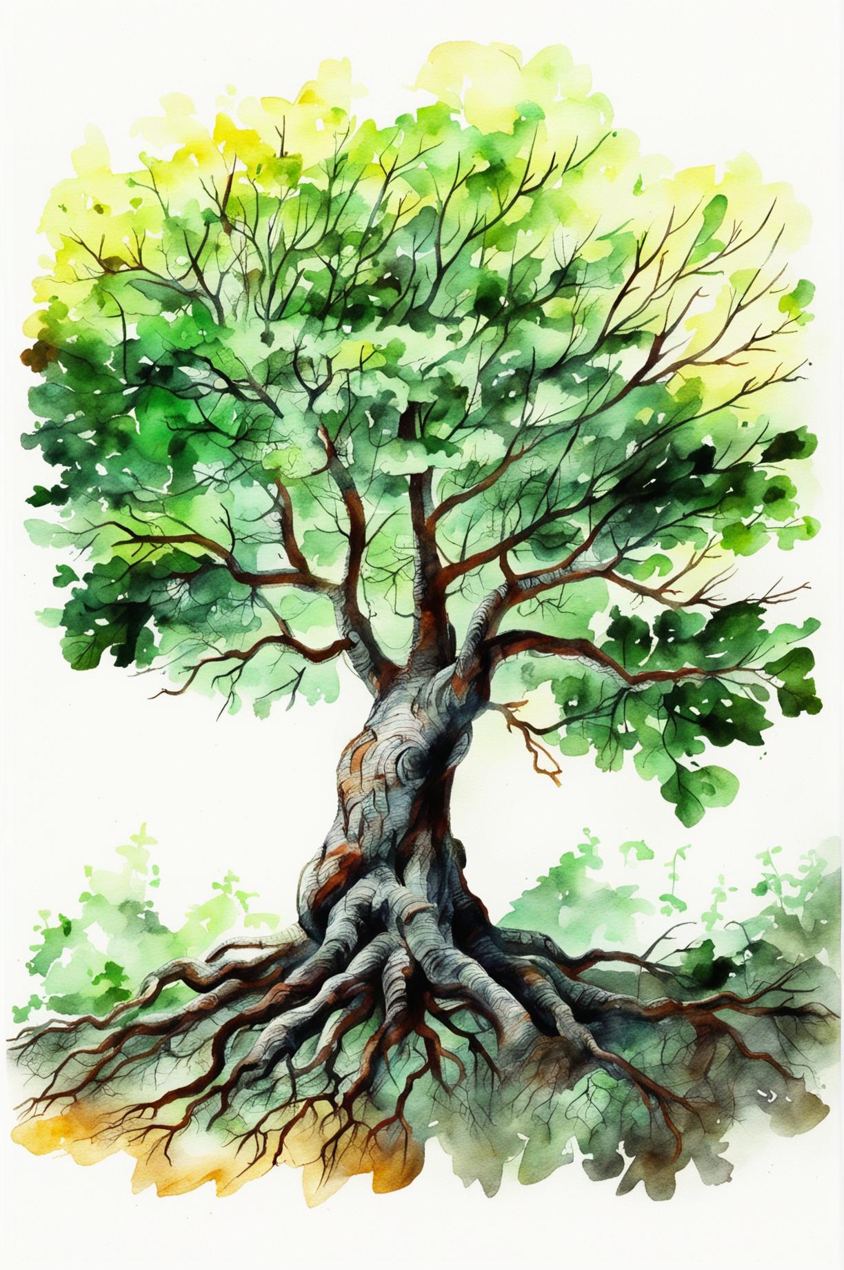 This is a request for a unique watercolour painting of a different tree, specifically an ancient oak tree in a forest clearing