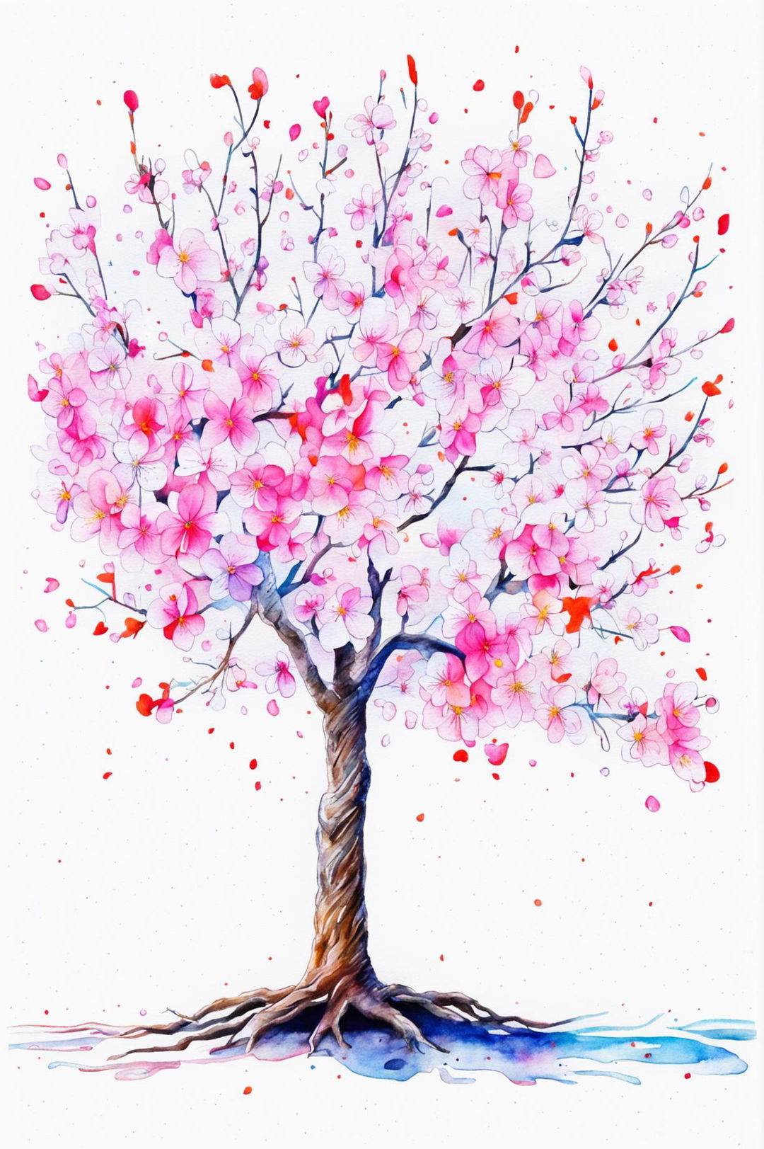 This is a request for a unique watercolour painting of a different tree, specifically a cherry blossom tree in bloom.