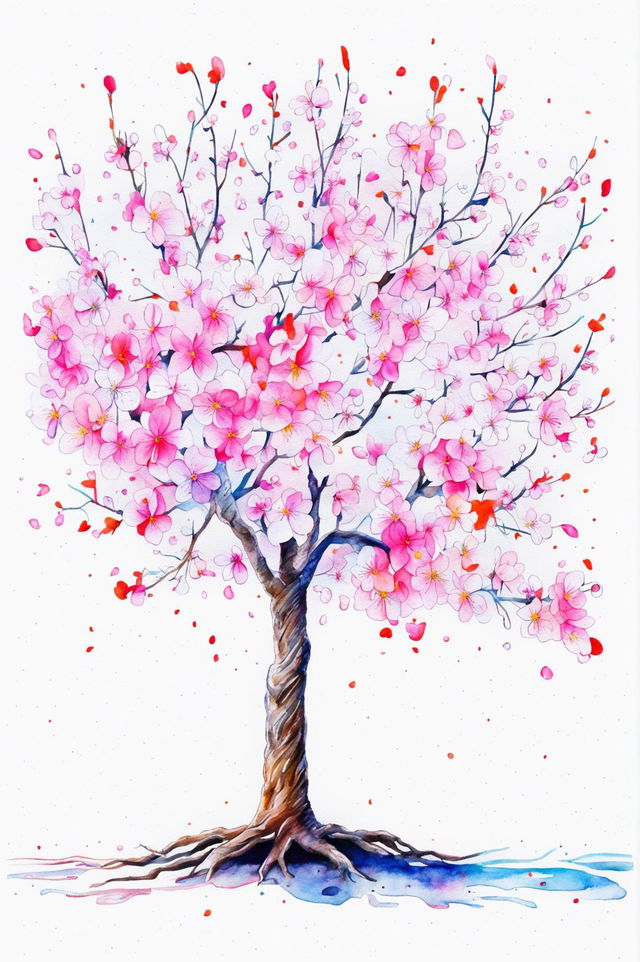 This is a request for a unique watercolour painting of a different tree, specifically a cherry blossom tree in bloom.