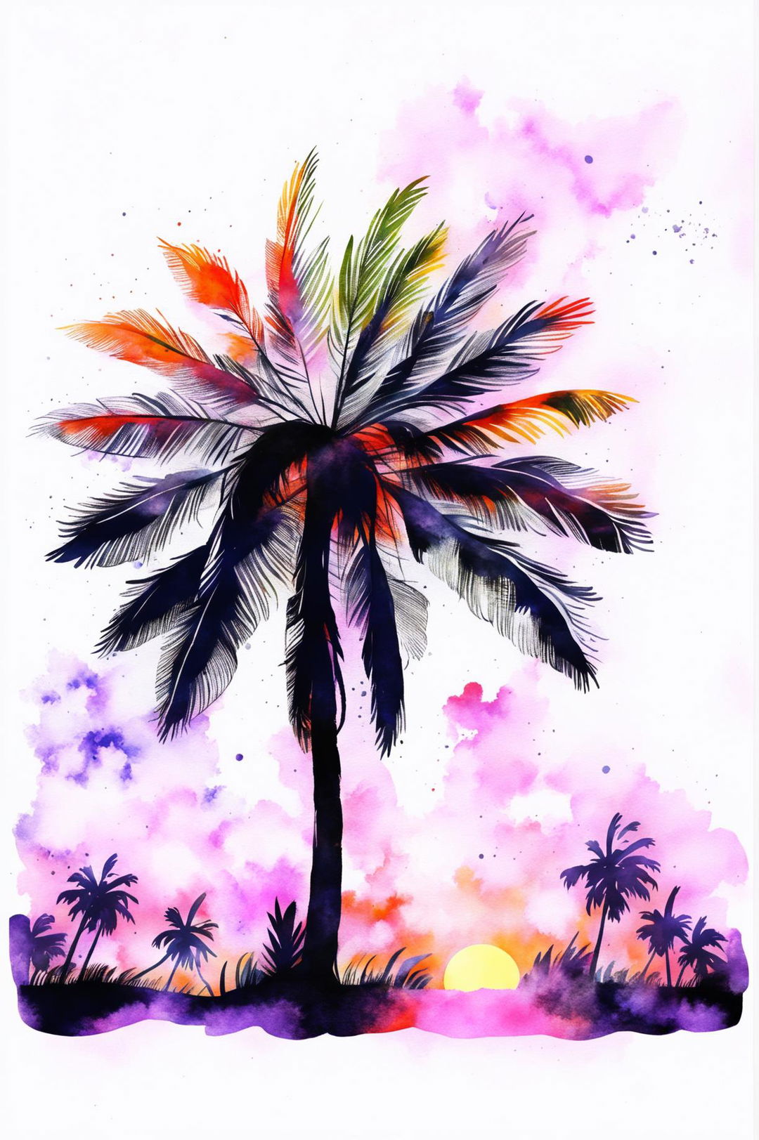 This is a request for a unique watercolour painting of a palm tree silhouetted against a sunset.