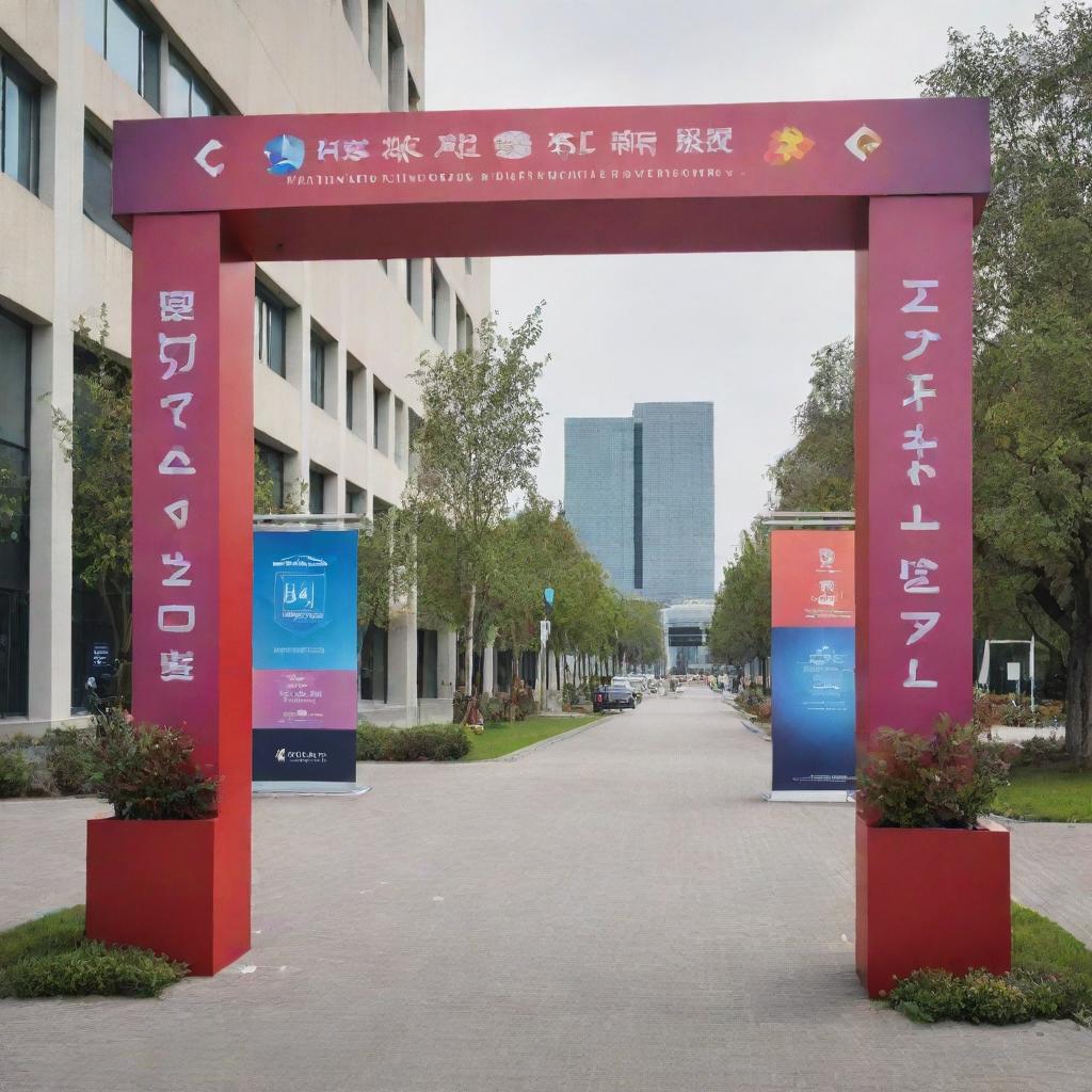 A creatively designed welcome gate for an international conference, decorated with modern and innovative elements signifying smart innovations