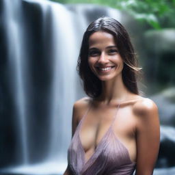 A more beautiful woman, under a waterfall, smiling mysteriously and glancing towards the camera, with an ideal body shape