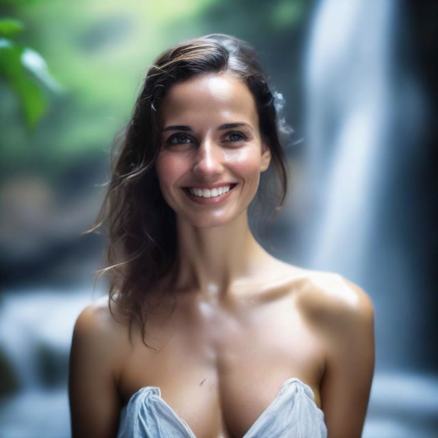 A more beautiful woman, under a waterfall, smiling mysteriously and glancing towards the camera, with an ideal body shape