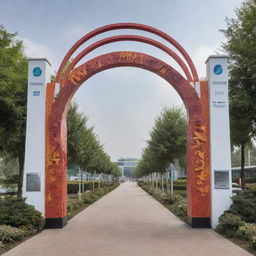 A creatively designed welcome gate for an international conference, decorated with modern and innovative elements signifying smart innovations