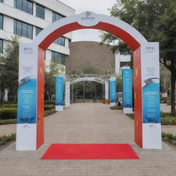 A creatively designed welcome gate for an international conference, decorated with modern and innovative elements signifying smart innovations