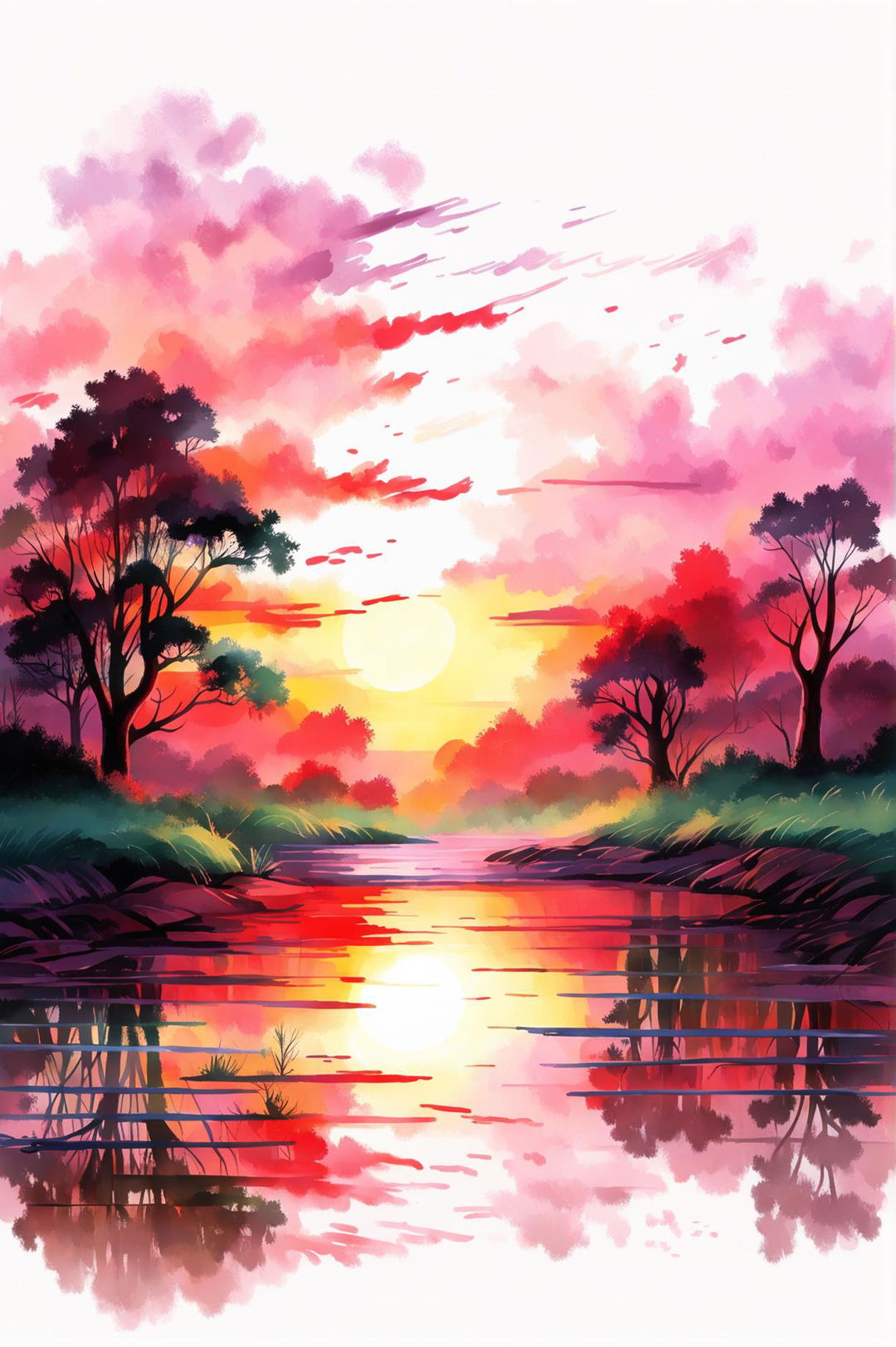 A distinct watercolour painting of a sunset scene, with the sun half immersed in the horizon