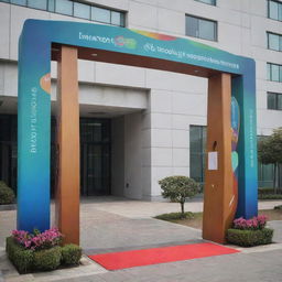 A creatively designed welcome gate for an international conference, decorated with modern and innovative elements signifying smart innovations