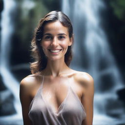 A more beautiful woman, under a waterfall, smiling mysteriously and glancing towards the camera, with an ideal body shape