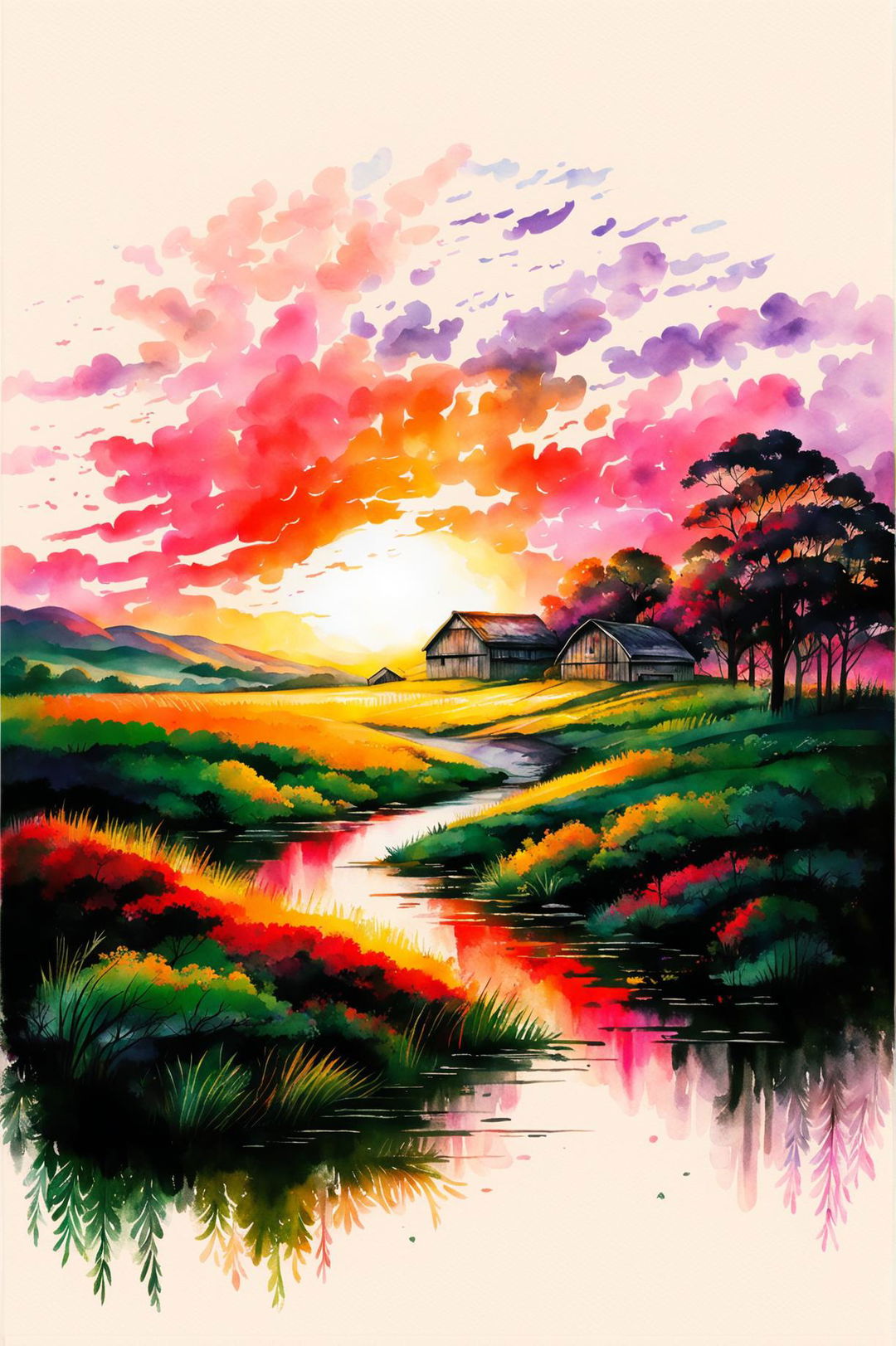 A unique watercolour painting of a country sunset scene