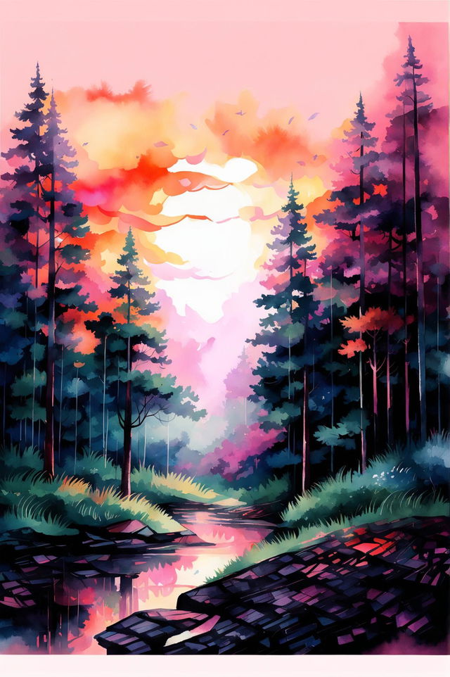 A unique watercolour painting of a forest sunset scene