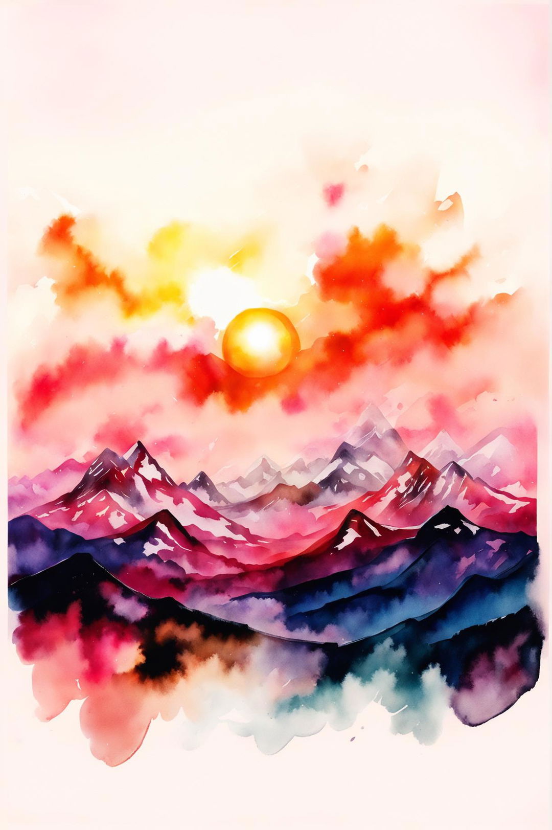 A unique watercolour painting of a snow-capped mountain sunset scene