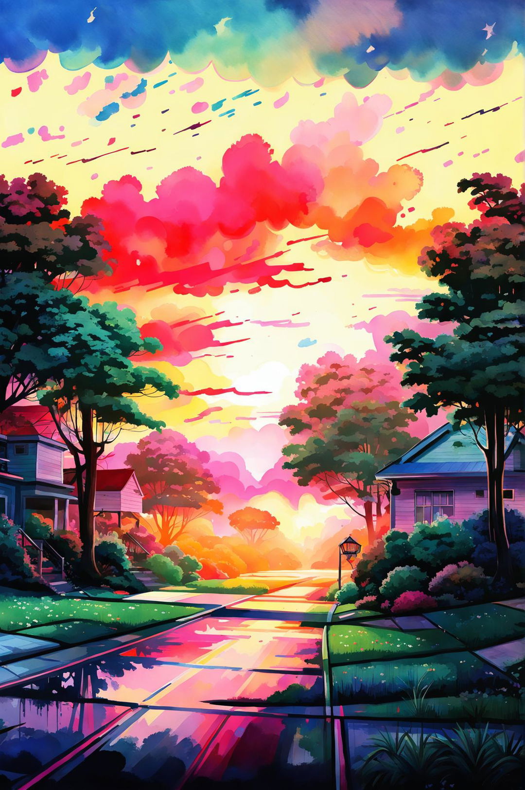 A unique watercolour painting of a suburban sunset scene