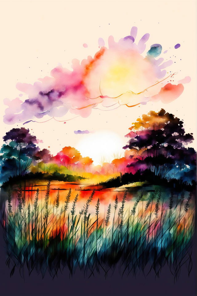 A unique watercolour painting of a meadow sunset scene